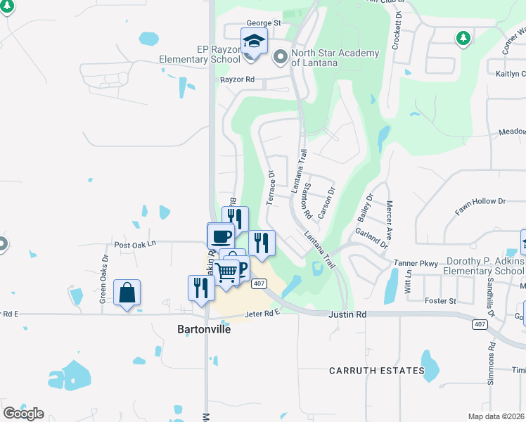 map of restaurants, bars, coffee shops, grocery stores, and more near 1069 Terrace Drive in Lantana