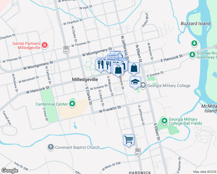 map of restaurants, bars, coffee shops, grocery stores, and more near 211 West Greene Street in Milledgeville