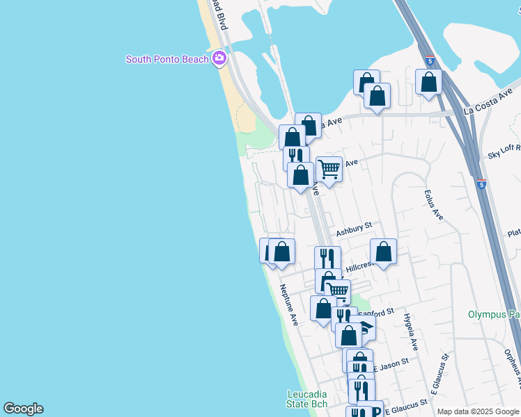 map of restaurants, bars, coffee shops, grocery stores, and more near 1802 Parliament Road in Encinitas
