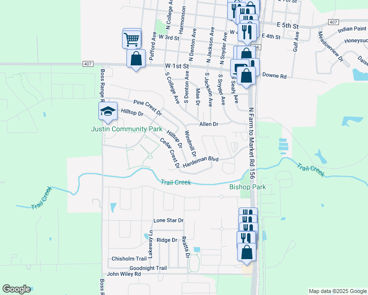 map of restaurants, bars, coffee shops, grocery stores, and more near 222 Hilltop Drive in Justin
