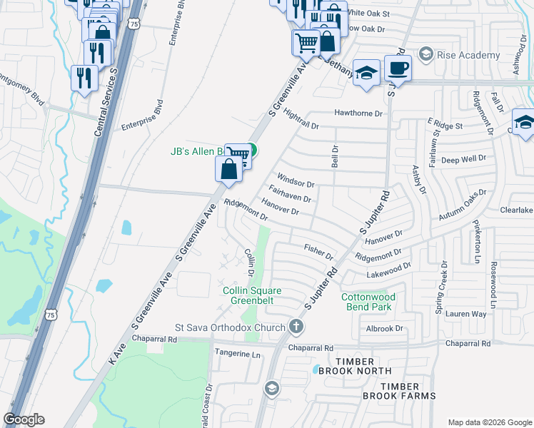 map of restaurants, bars, coffee shops, grocery stores, and more near 518 Hanover Drive in Allen