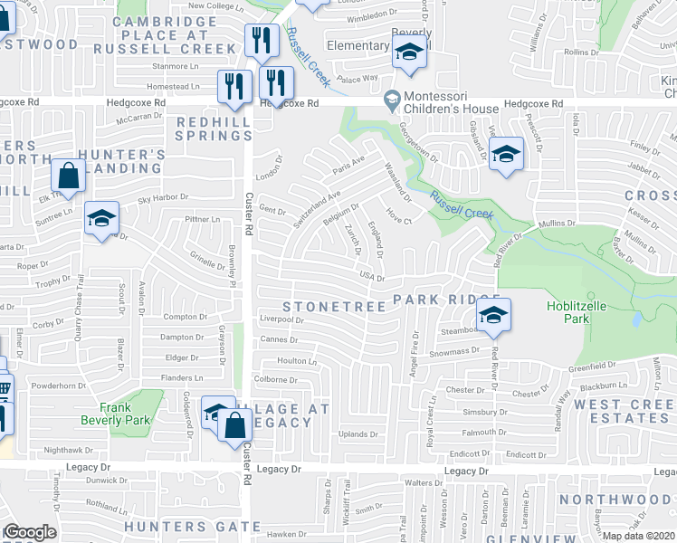 map of restaurants, bars, coffee shops, grocery stores, and more near 2024 USA Drive in Plano