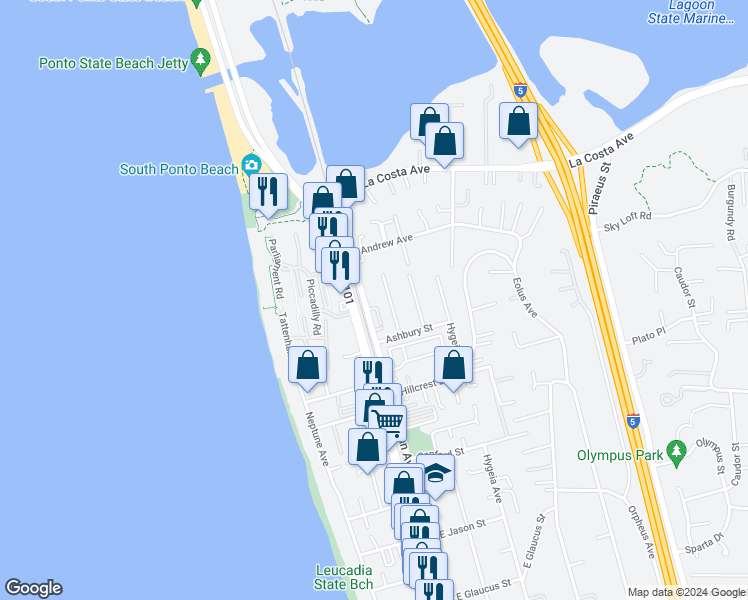 map of restaurants, bars, coffee shops, grocery stores, and more near 1803 North Vulcan Avenue in Encinitas