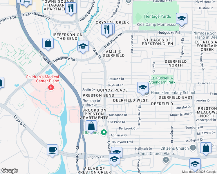 map of restaurants, bars, coffee shops, grocery stores, and more near 4684 Portrait Lane in Plano