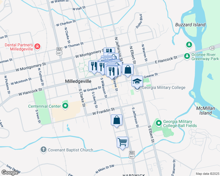 map of restaurants, bars, coffee shops, grocery stores, and more near 116 West Greene Street in Milledgeville