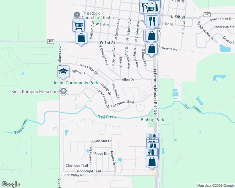 map of restaurants, bars, coffee shops, grocery stores, and more near 239 Windmill Drive in Rhome