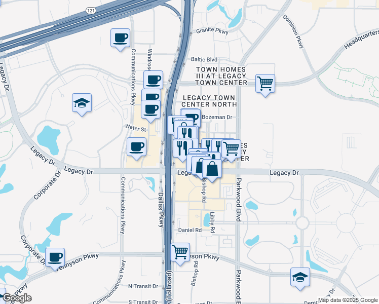map of restaurants, bars, coffee shops, grocery stores, and more near 7300 Lone Star Drive in Plano