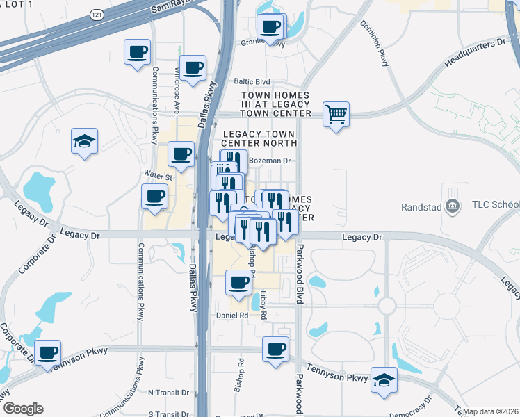 map of restaurants, bars, coffee shops, grocery stores, and more near 5780 Robbie Road in Plano