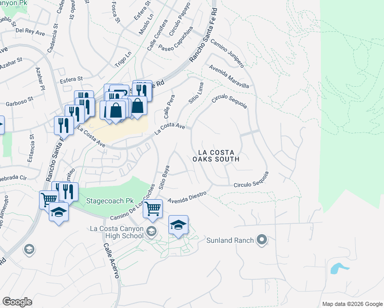 map of restaurants, bars, coffee shops, grocery stores, and more near 7671 Circulo Sequoia in Carlsbad