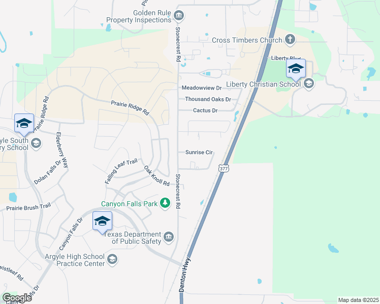 map of restaurants, bars, coffee shops, grocery stores, and more near Sunrise Circle in Flower Mound