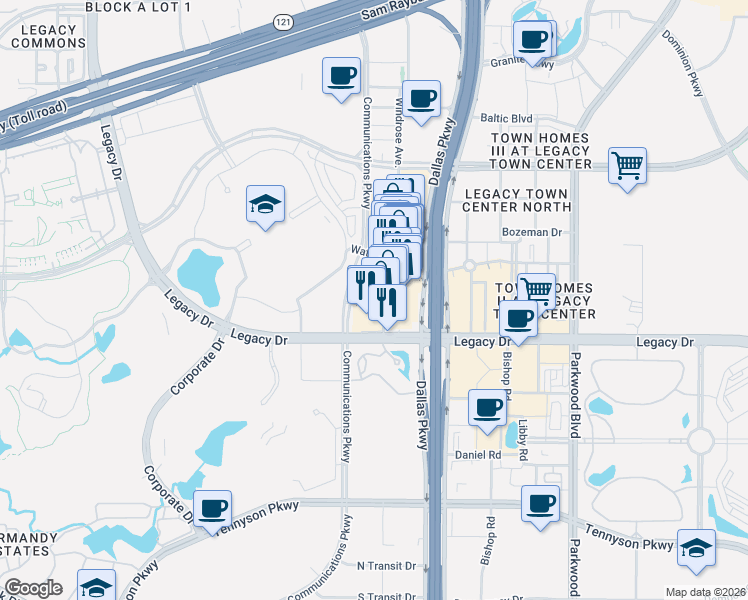 map of restaurants, bars, coffee shops, grocery stores, and more near 6080 Water Street in Plano