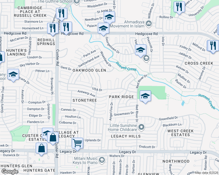 map of restaurants, bars, coffee shops, grocery stores, and more near 7504 Benelux Court in Plano