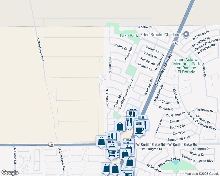 map of restaurants, bars, coffee shops, grocery stores, and more near 4460 Redrock Road in Maricopa