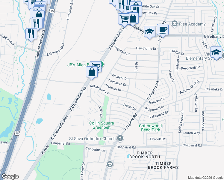 map of restaurants, bars, coffee shops, grocery stores, and more near 522 Hanover Drive in Allen
