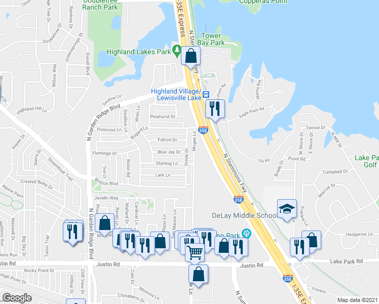 map of restaurants, bars, coffee shops, grocery stores, and more near 2151 Oriole Drive in Lewisville