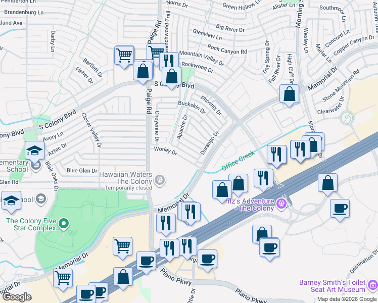 map of restaurants, bars, coffee shops, grocery stores, and more near 5612 Foxfire Lane in The Colony
