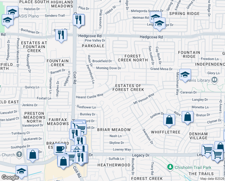 map of restaurants, bars, coffee shops, grocery stores, and more near 3708 Hearst Castle Way in Plano