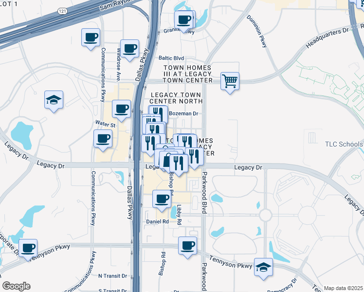 map of restaurants, bars, coffee shops, grocery stores, and more near 5780 Robbie Road in Plano