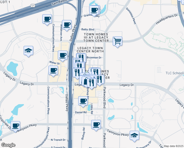 map of restaurants, bars, coffee shops, grocery stores, and more near 5780 Robbie Road in Plano