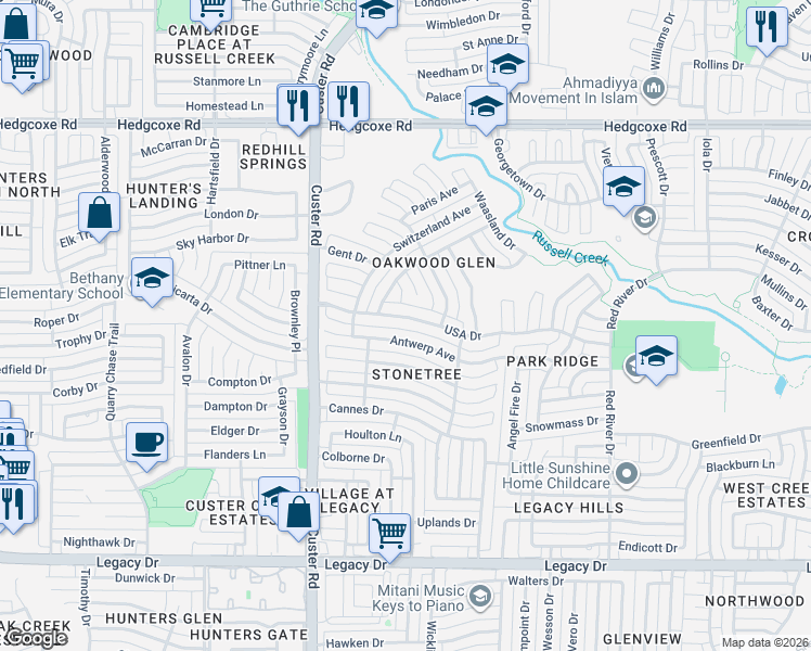 map of restaurants, bars, coffee shops, grocery stores, and more near 2100 USA Drive in Plano