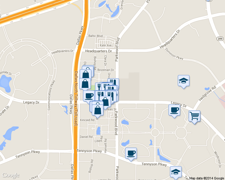 map of restaurants, bars, coffee shops, grocery stores, and more near 5700 Robbie Road in Plano