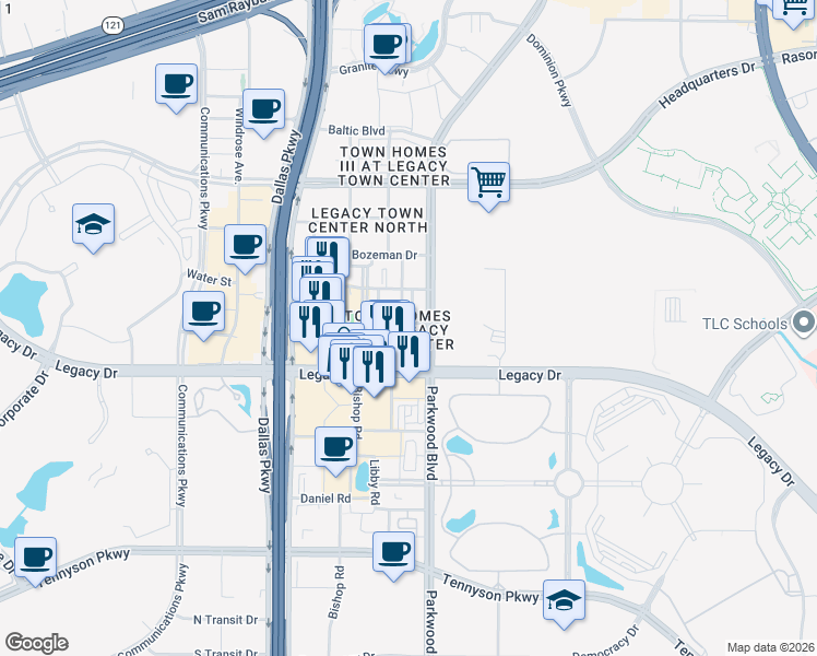 map of restaurants, bars, coffee shops, grocery stores, and more near 5700 Robbie Road in Plano