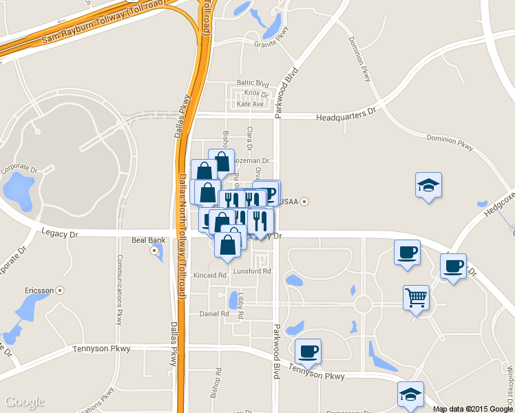 map of restaurants, bars, coffee shops, grocery stores, and more near 5700 Robbie Road in Plano