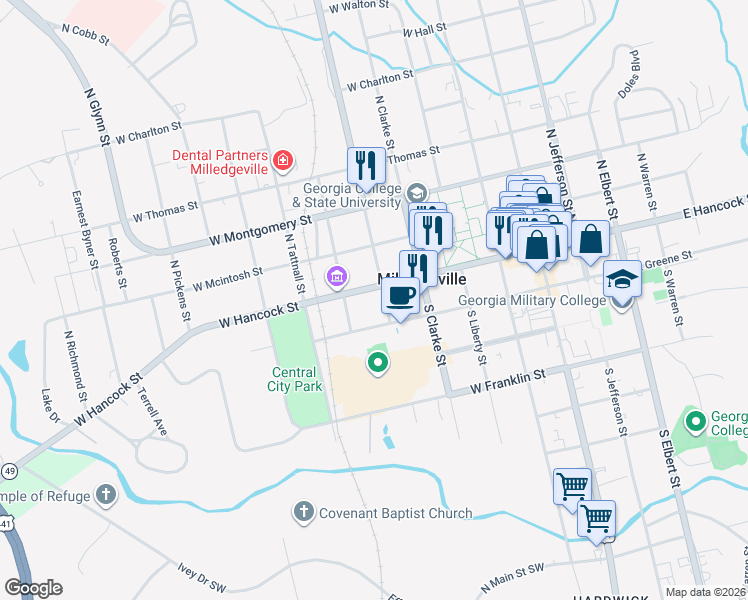 map of restaurants, bars, coffee shops, grocery stores, and more near 101 South Columbia Street in Milledgeville