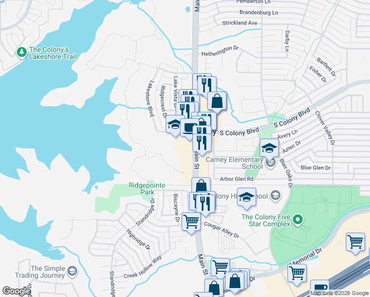 map of restaurants, bars, coffee shops, grocery stores, and more near 4908 Westport Dr in The Colony