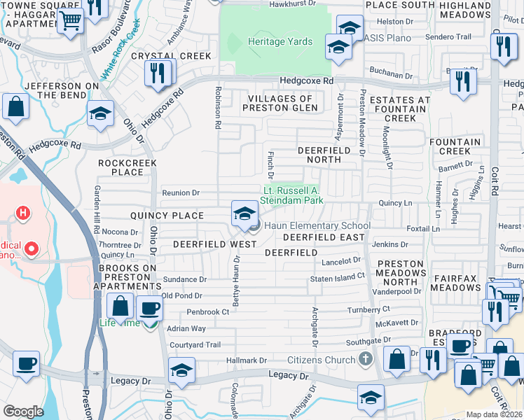 map of restaurants, bars, coffee shops, grocery stores, and more near 4501 Portrait Lane in Plano