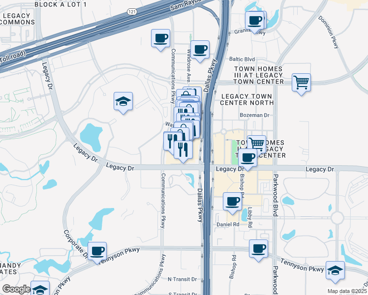 map of restaurants, bars, coffee shops, grocery stores, and more near 7401 Windrose Avenue in Plano
