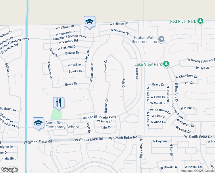 map of restaurants, bars, coffee shops, grocery stores, and more near 21934 Backus Drive in Maricopa