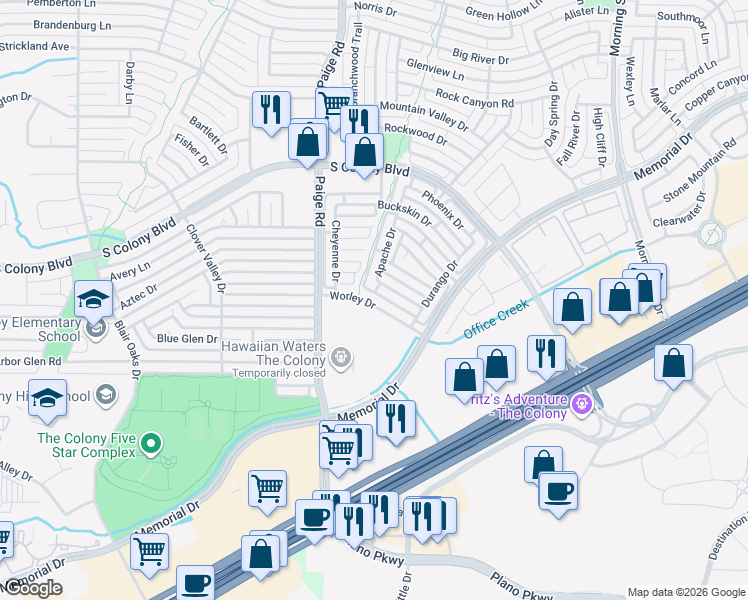 map of restaurants, bars, coffee shops, grocery stores, and more near 5512 Worley Drive in The Colony