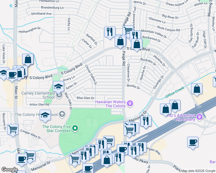 map of restaurants, bars, coffee shops, grocery stores, and more near 5130 Worley Dr in The Colony