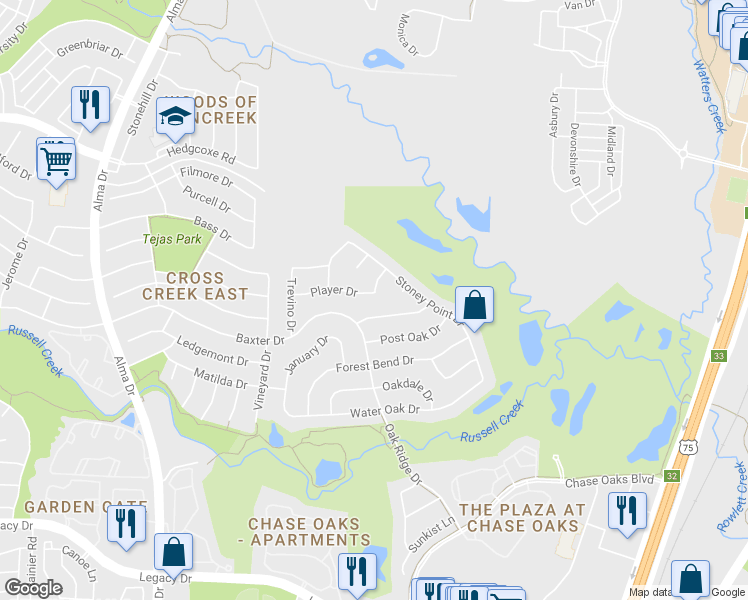 map of restaurants, bars, coffee shops, grocery stores, and more near 708 Player Drive in Plano
