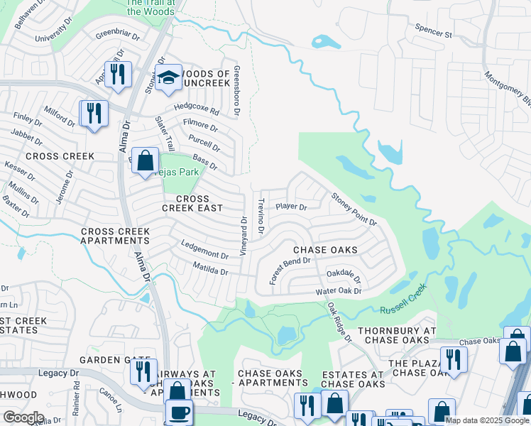 map of restaurants, bars, coffee shops, grocery stores, and more near 7516 Trevino Drive in Plano