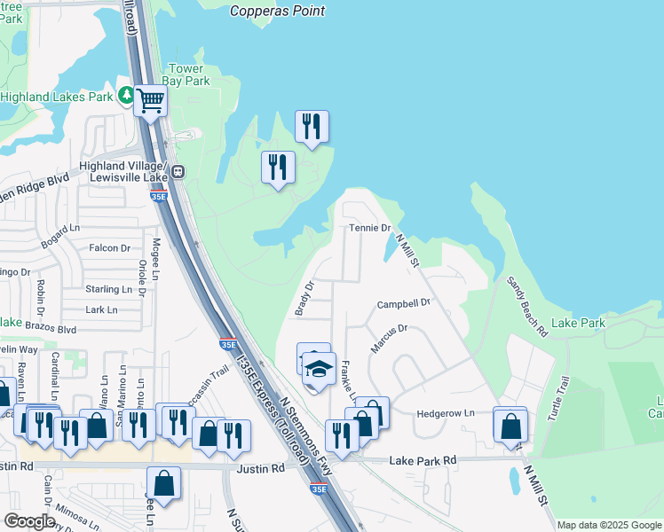 map of restaurants, bars, coffee shops, grocery stores, and more near 2195 Brady Drive in Lewisville