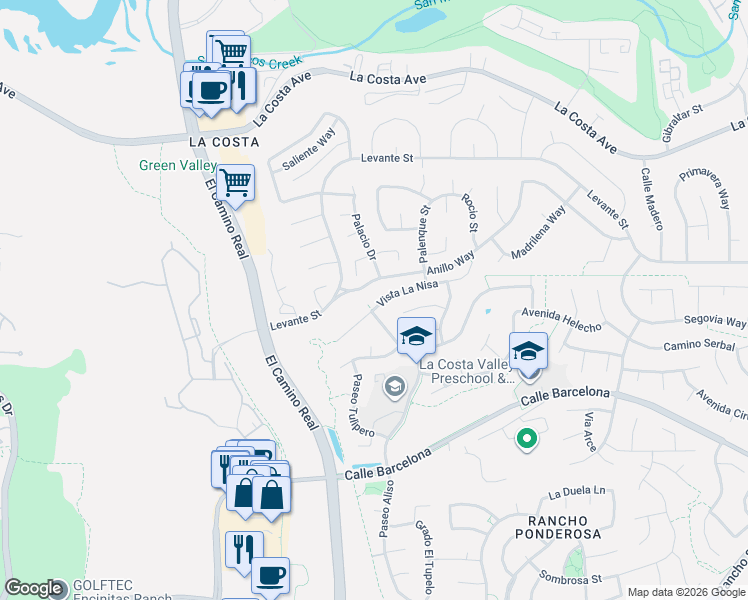 map of restaurants, bars, coffee shops, grocery stores, and more near 2194 Vista La Nisa in Carlsbad