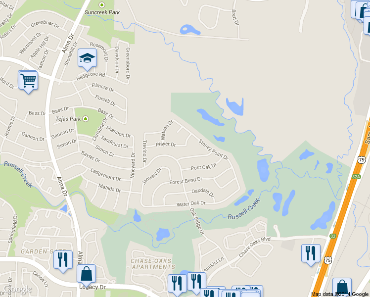 map of restaurants, bars, coffee shops, grocery stores, and more near 708 Player Drive in Plano