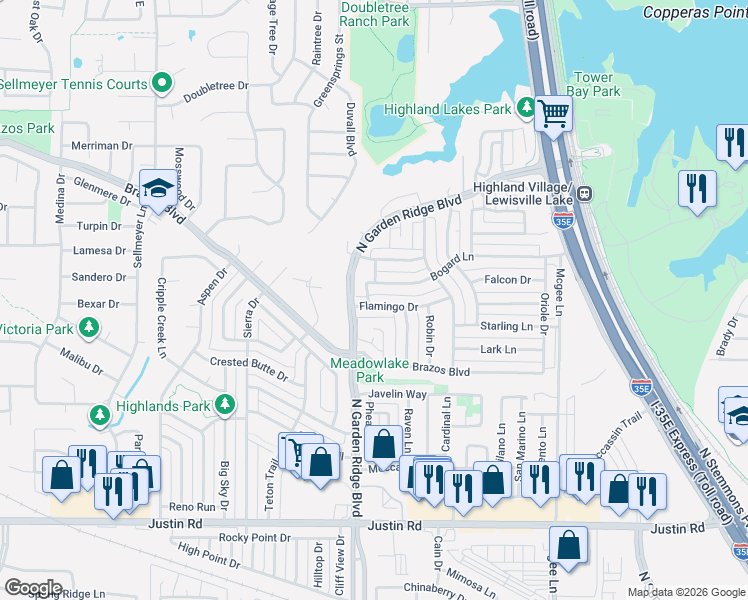 map of restaurants, bars, coffee shops, grocery stores, and more near 1427 Flamingo Drive in Lewisville