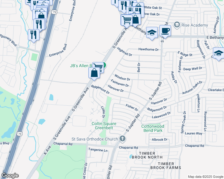 map of restaurants, bars, coffee shops, grocery stores, and more near 518 Hanover Drive in Allen
