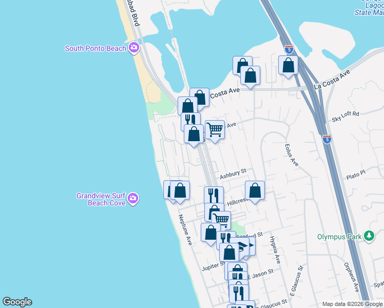 map of restaurants, bars, coffee shops, grocery stores, and more near 1819 Milbank Road in Encinitas