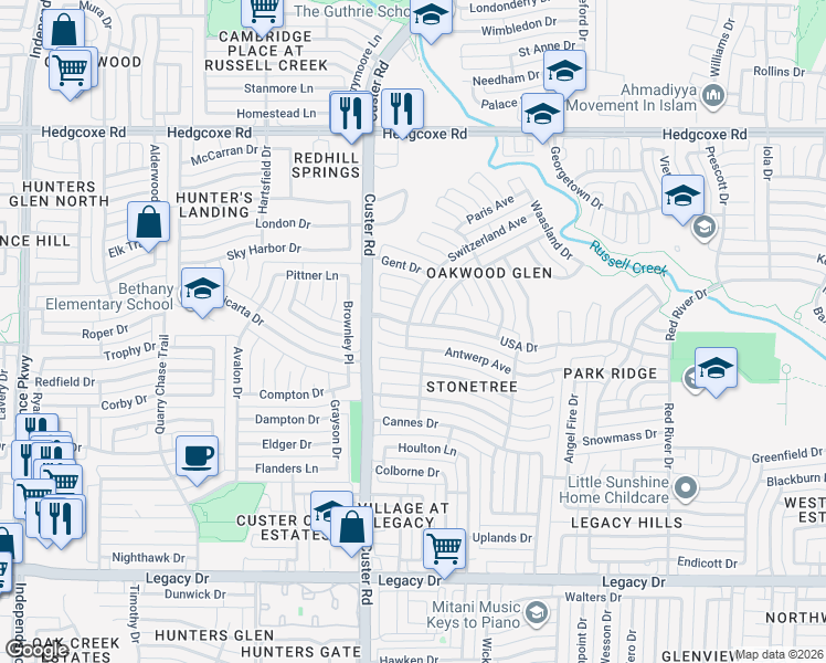 map of restaurants, bars, coffee shops, grocery stores, and more near 2124 USA Drive in Plano