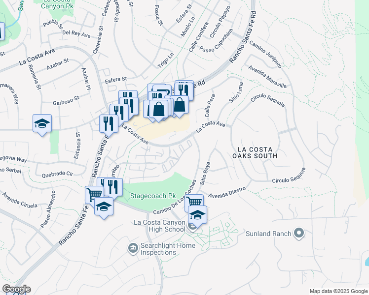 map of restaurants, bars, coffee shops, grocery stores, and more near 7704 Caminito Leon in Carlsbad