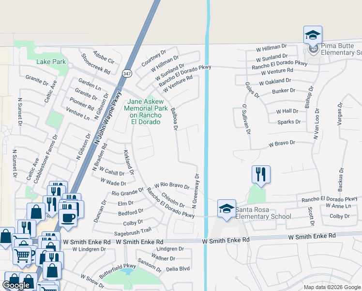 map of restaurants, bars, coffee shops, grocery stores, and more near 21987 Balboa Drive in Maricopa