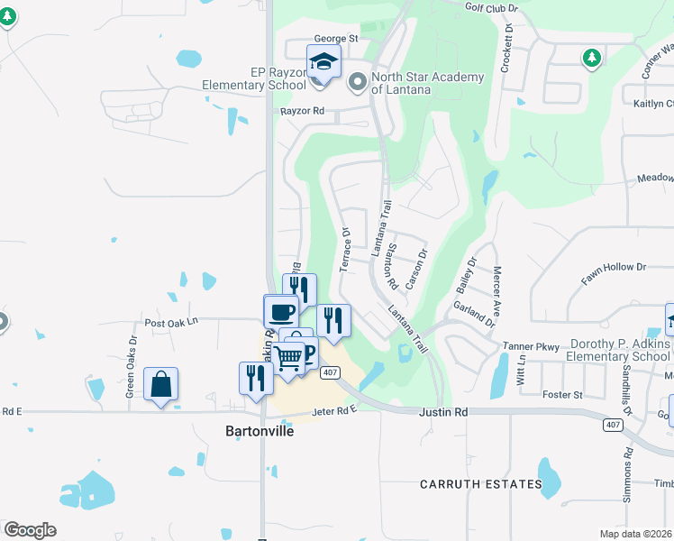 map of restaurants, bars, coffee shops, grocery stores, and more near 1069 Terrace Drive in Lantana
