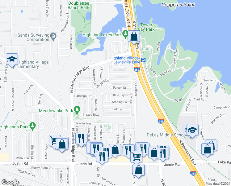 map of restaurants, bars, coffee shops, grocery stores, and more near 1325 Blue Jay Drive in Lewisville