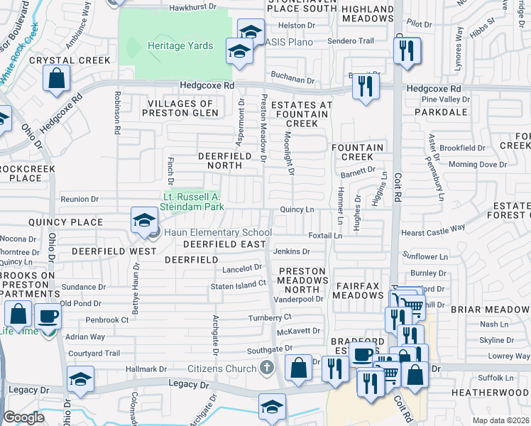 map of restaurants, bars, coffee shops, grocery stores, and more near 7420 Ivanhoe Drive in Plano