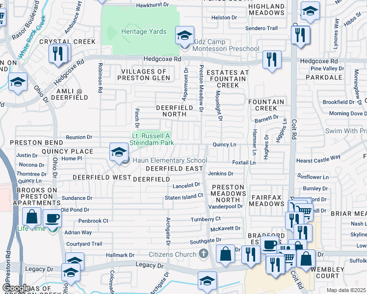 map of restaurants, bars, coffee shops, grocery stores, and more near 7409 Gurney Drive in Plano