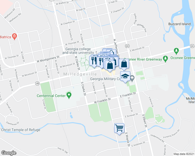 map of restaurants, bars, coffee shops, grocery stores, and more near 211 West Greene Street in Milledgeville